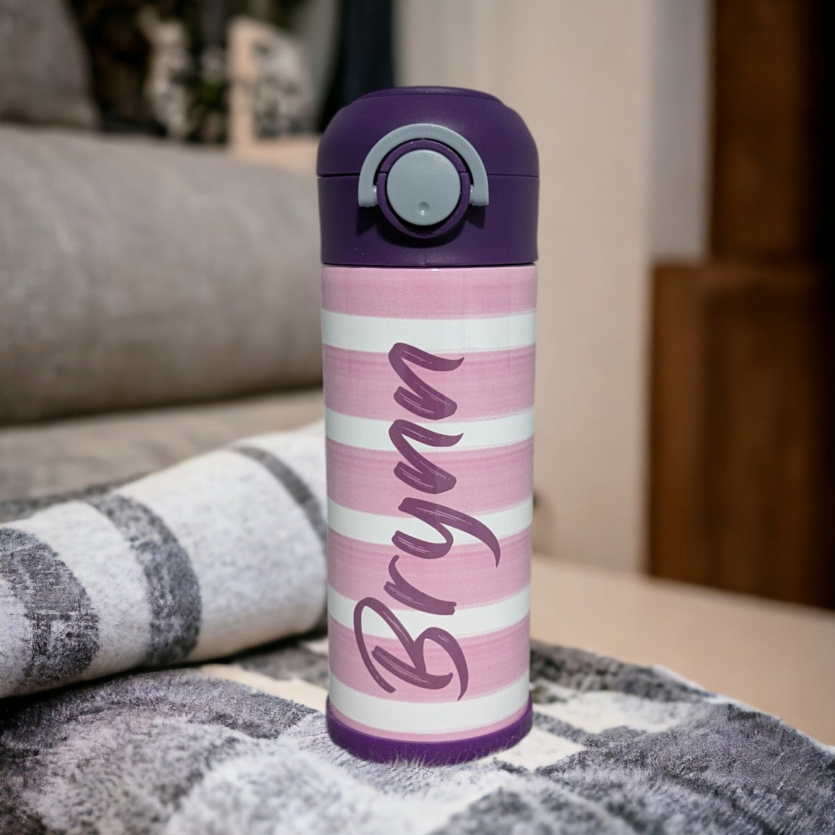 Kids Horizontal Striped Water Bottle 12oz With Reusable Straw Can Be Personalized
