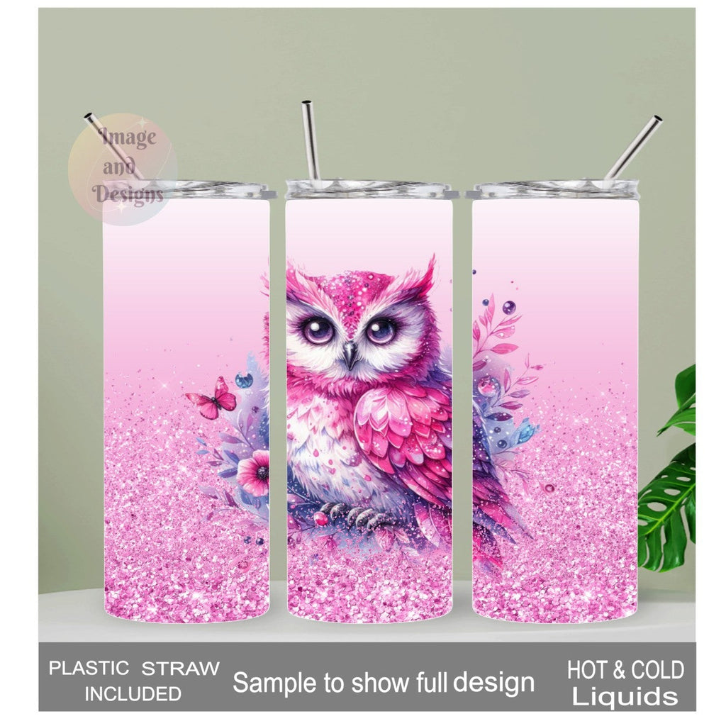 Pink Owl Tumbler With A Glitter Design 20oz With Reusable Straw, Can Be Personalized