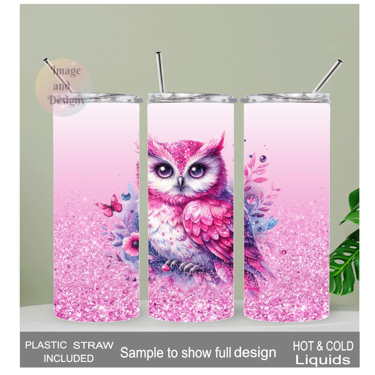 Pink Owl Tumbler With A Glitter Design 20oz With Reusable Straw, Can Be Personalized