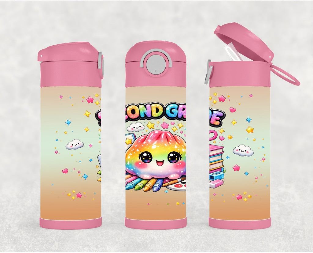 Kids Rainbow school grade dumpling water bottle 12oz Grades Pre K - Fourth Grade available. Includes a reusable straw, can be personalized.