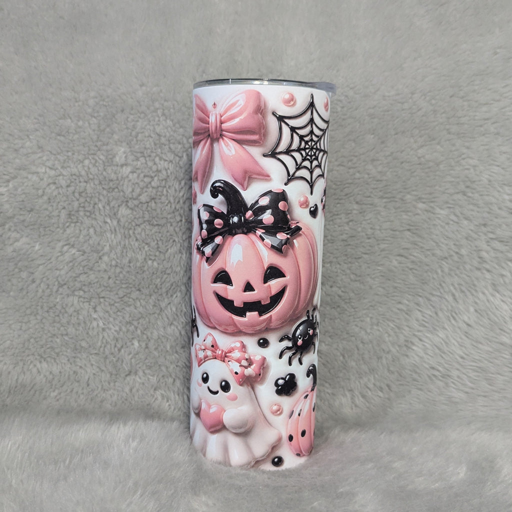 Cute Pink Pumpkin And Ghost Halloween Tumbler 20oz With A 3D Design And Reusable Straw