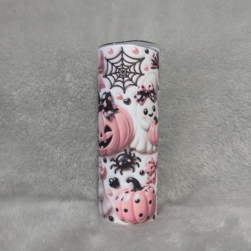 Cute Pink Pumpkin And Ghost Halloween Tumbler 20oz With A 3D Design And Reusable Straw