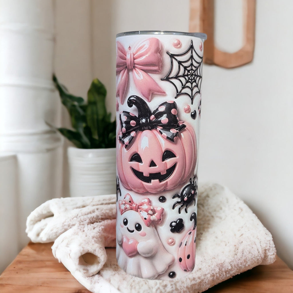 Cute Pink Pumpkin And Ghost Halloween Tumbler 20oz With A 3D Design And Reusable Straw
