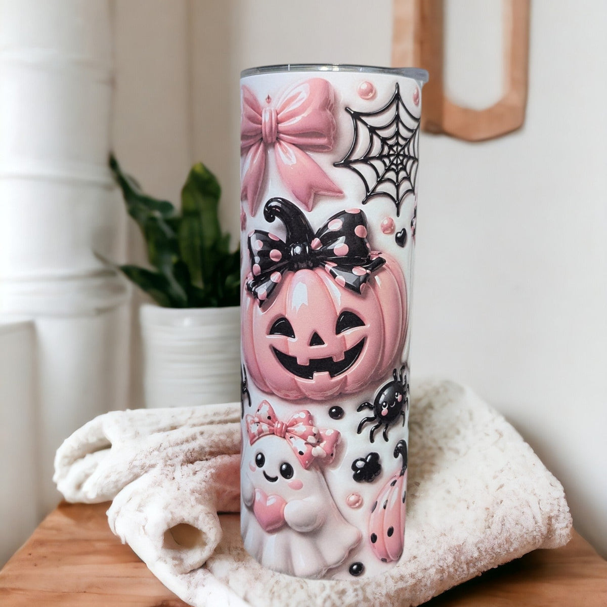 Cute Pink Pumpkin And Ghost Halloween Tumbler 20oz With A 3D Design And Reusable Straw