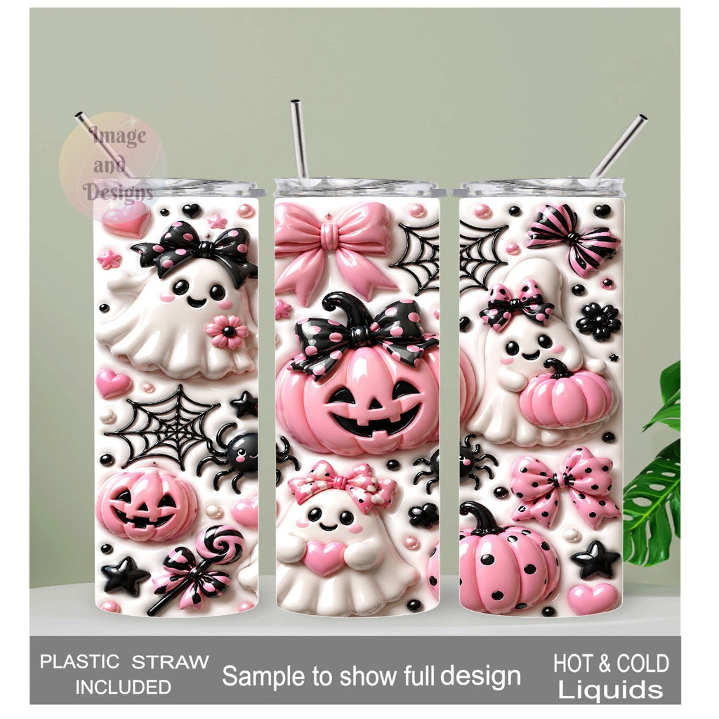 Cute Pink Pumpkin And Ghost Halloween Tumbler 20oz With A 3D Design And Reusable Straw
