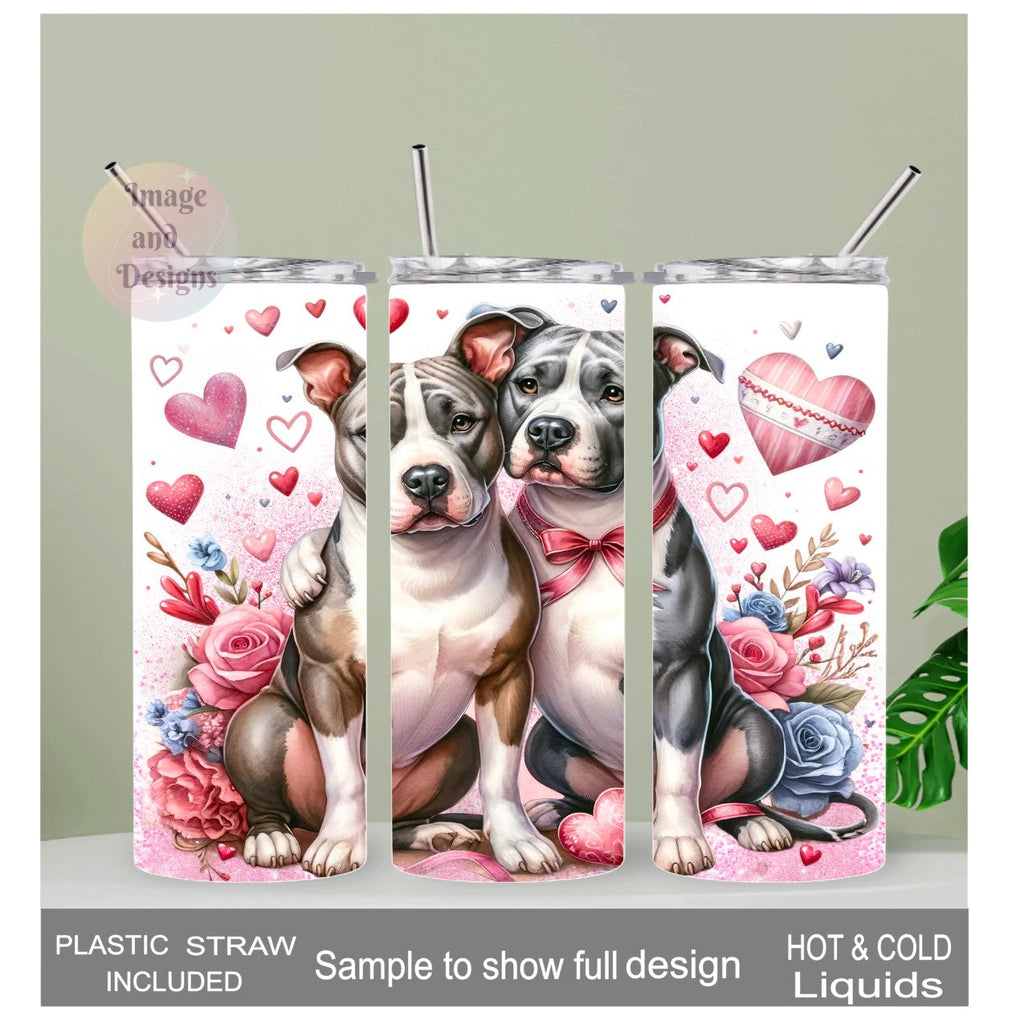 Cute Pitbull and Heart Design Tumbler 20oz With Reusable Straw, Can Be Personalized