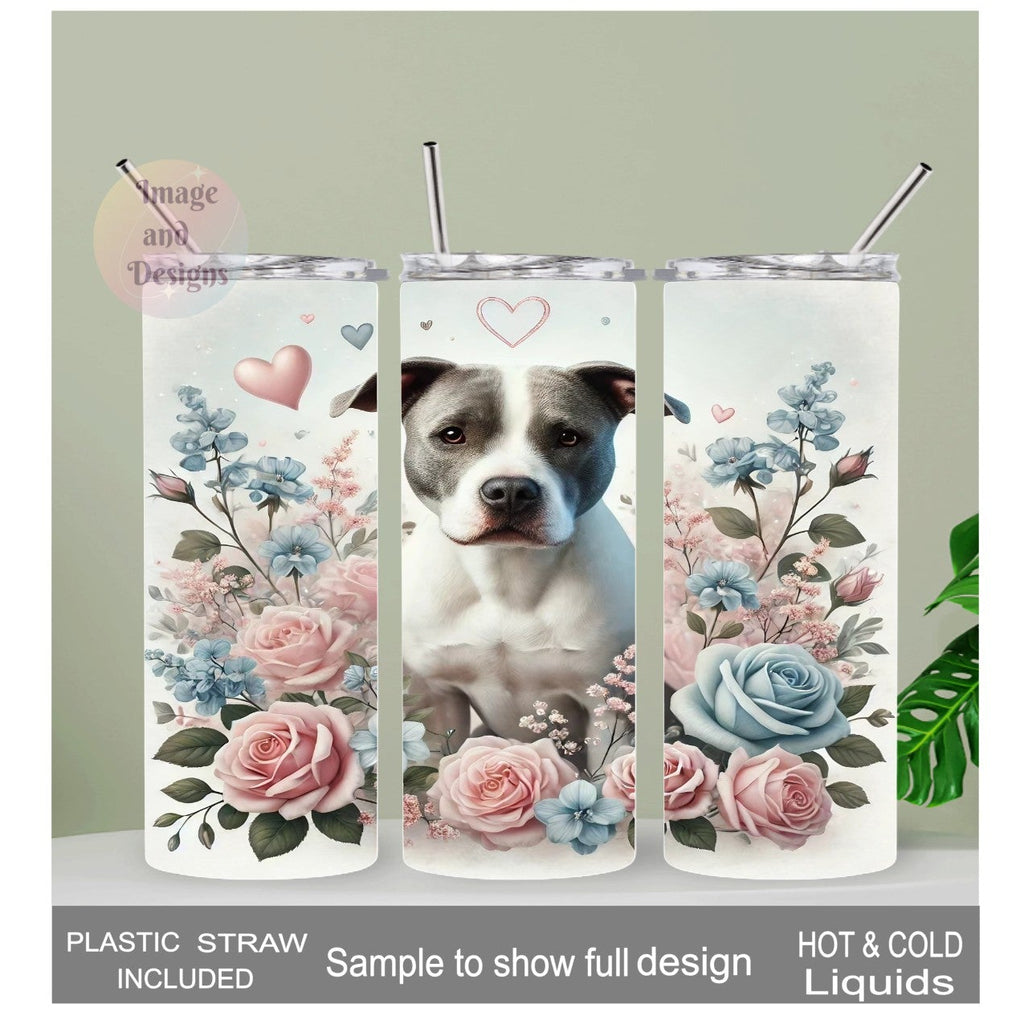 Floral Pitbull Tumbler 20oz With Reusable Straw, Can Be Personalized