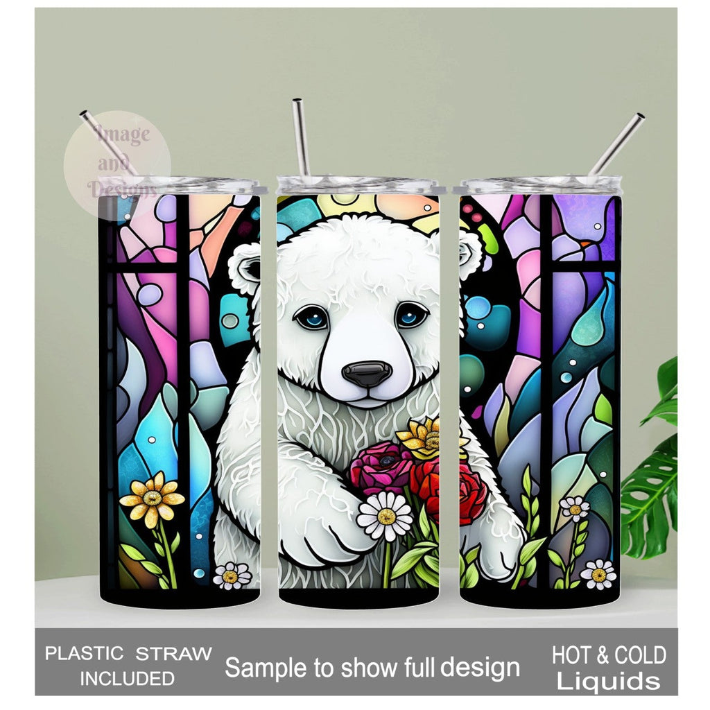 Polar Bear Tumbler With A Stained Glass Design 20oz With Reusable Straw, Can Be Personalized