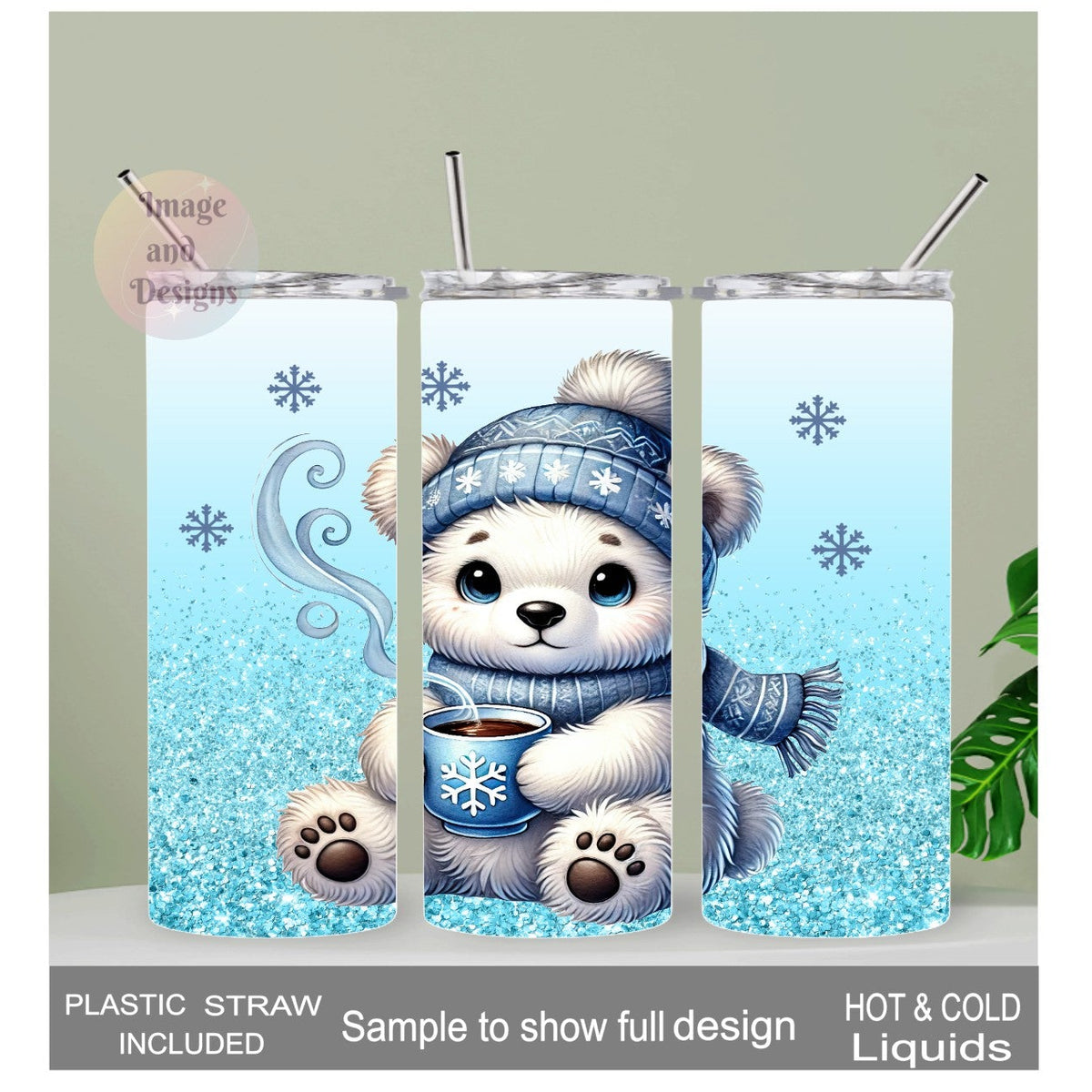 Cute Winter Polar Bear Tumbler 20oz With Reusable Straw, Can Be Personalized