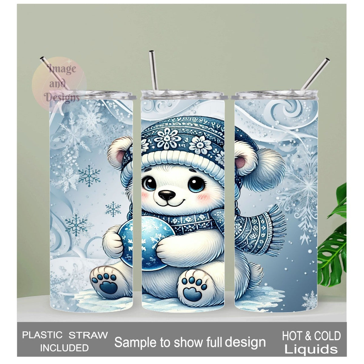 Winter Polar Bear Tumbler 20oz With Reusable Straw, Can Be Personalized
