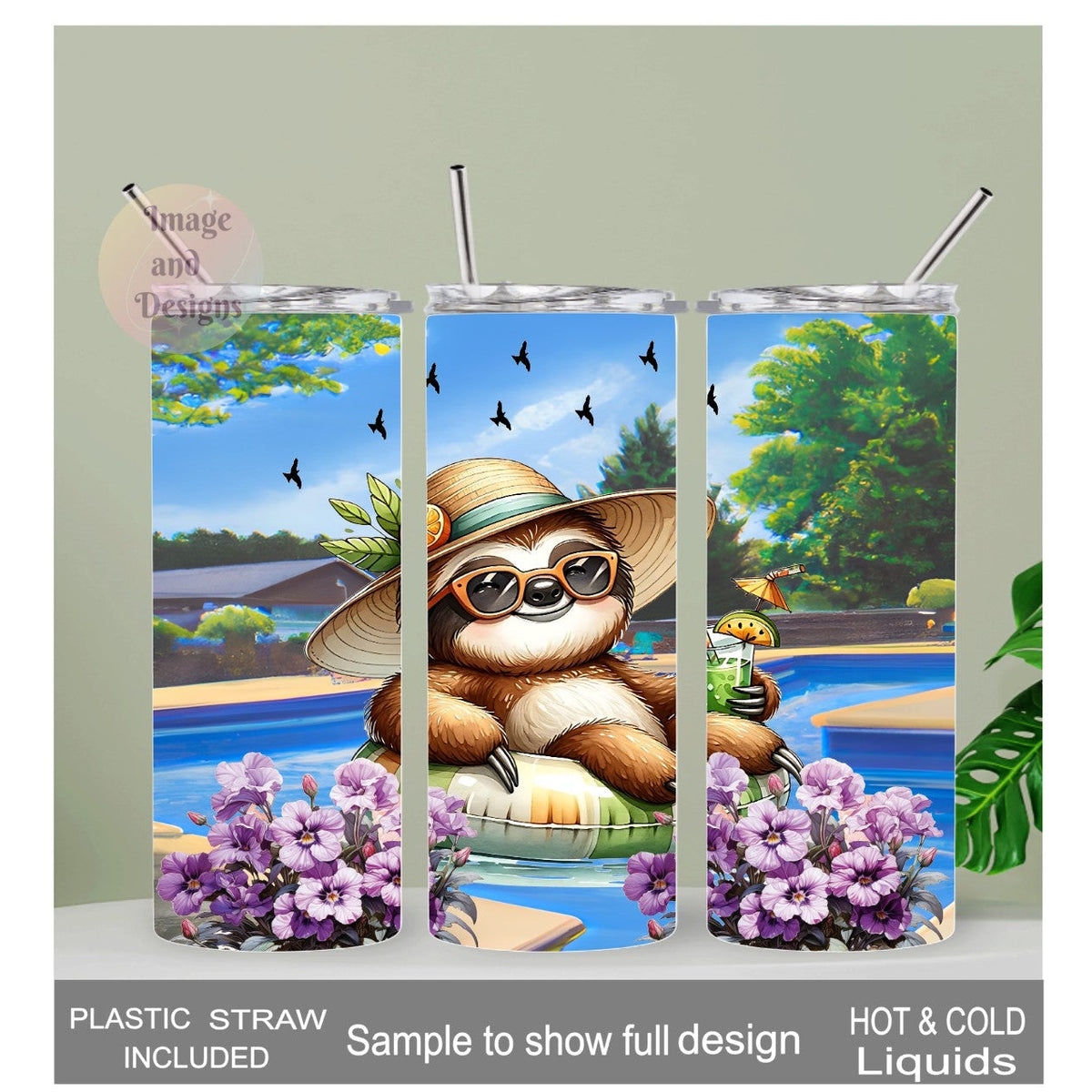 Cute Pool Sloth Tumbler 20oz With Reusable Straw, Can Be Personalized