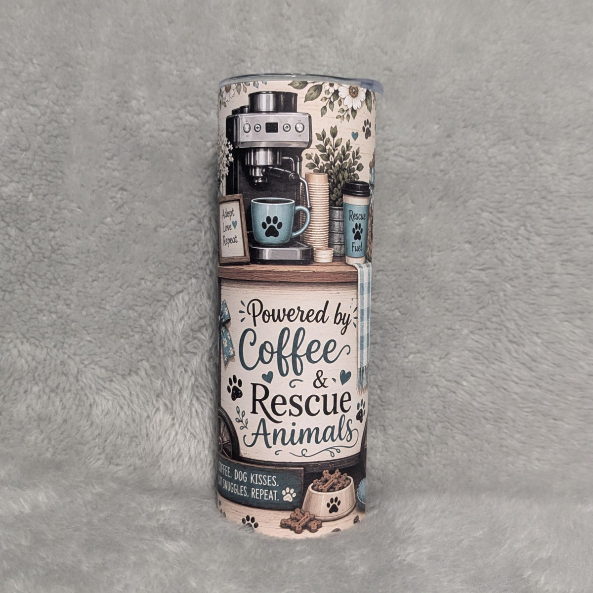 Powered By Coffee And Rescue Animals Tumbler 20oz Includes A Reusable Straw