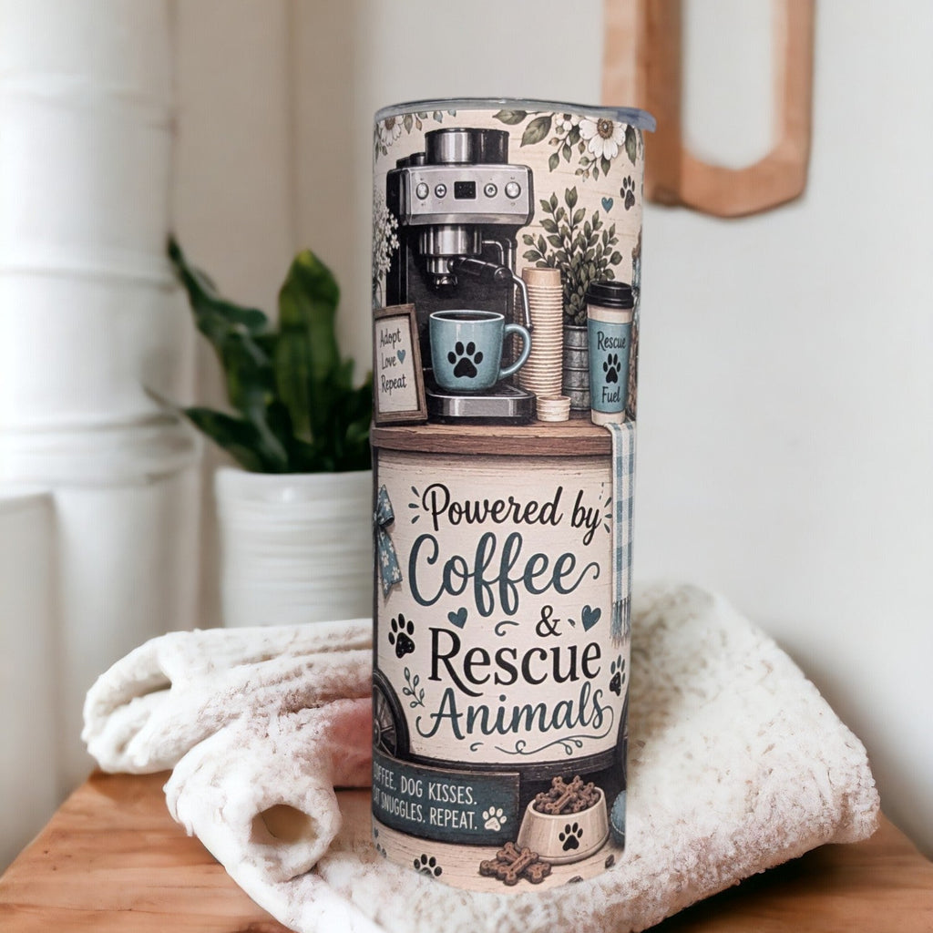 Powered By Coffee And Rescue Animals Tumbler 20oz Includes A Reusable Straw