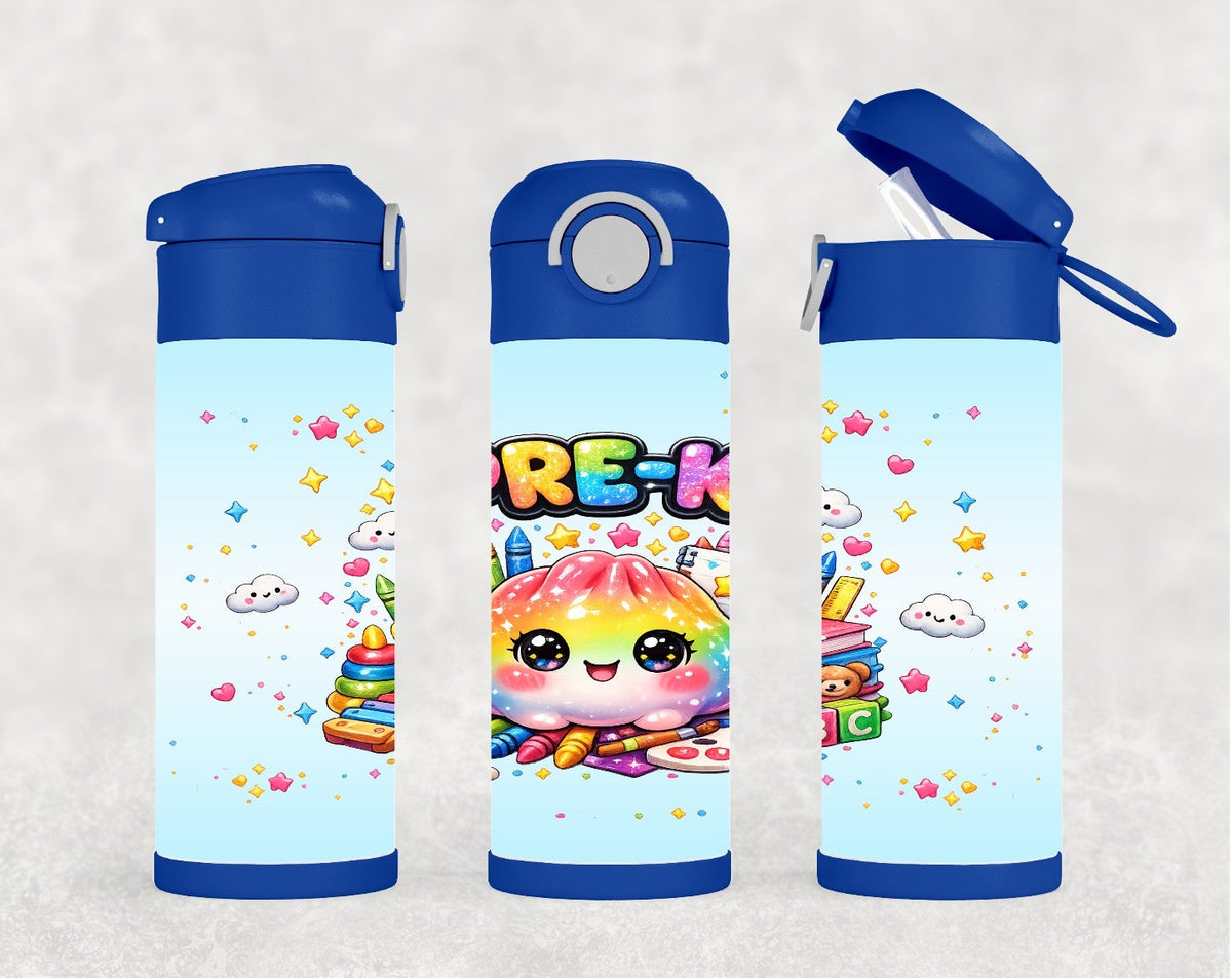 Kids Rainbow school grade dumpling water bottle 12oz Grades Pre K - Fourth Grade available. Includes a reusable straw, can be personalized.