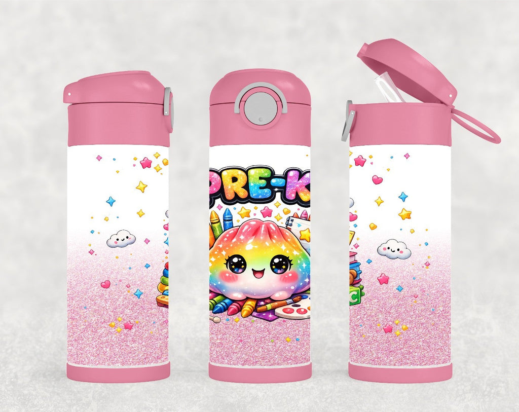 Kids Rainbow school grade dumpling water bottle 12oz Grades Pre K - Fourth Grade available. Includes a reusable straw, can be personalized.