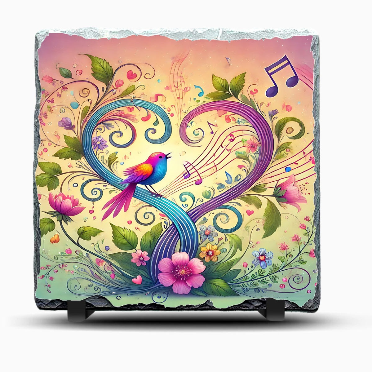 Pretty Bird With Music Notes Slate Picture, Includes Display Legs
