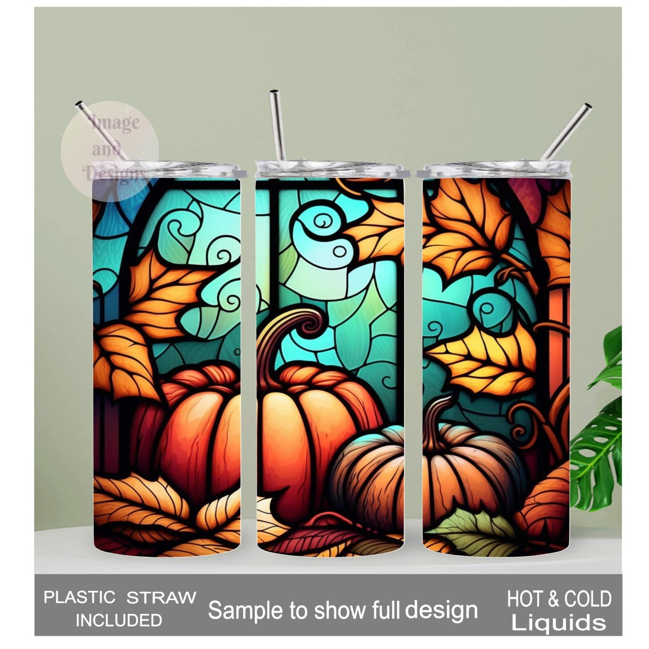 Pumpkin Tumbler With Stained Glass Design 20oz With Reusable Straw