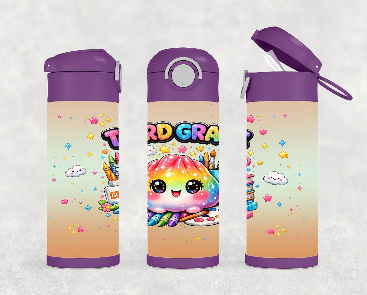 Kids Rainbow school grade dumpling water bottle 12oz Grades Pre K - Fourth Grade available. Includes a reusable straw, can be personalized.