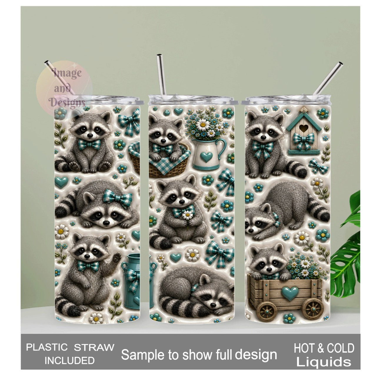 3D Design Raccoon Tumbler 20oz With Reusable Straw
