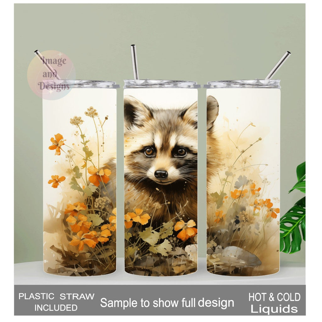 Raccoon Tumbler With A Water Color Design 20oz With Reusable Straw, Can Be Personalized