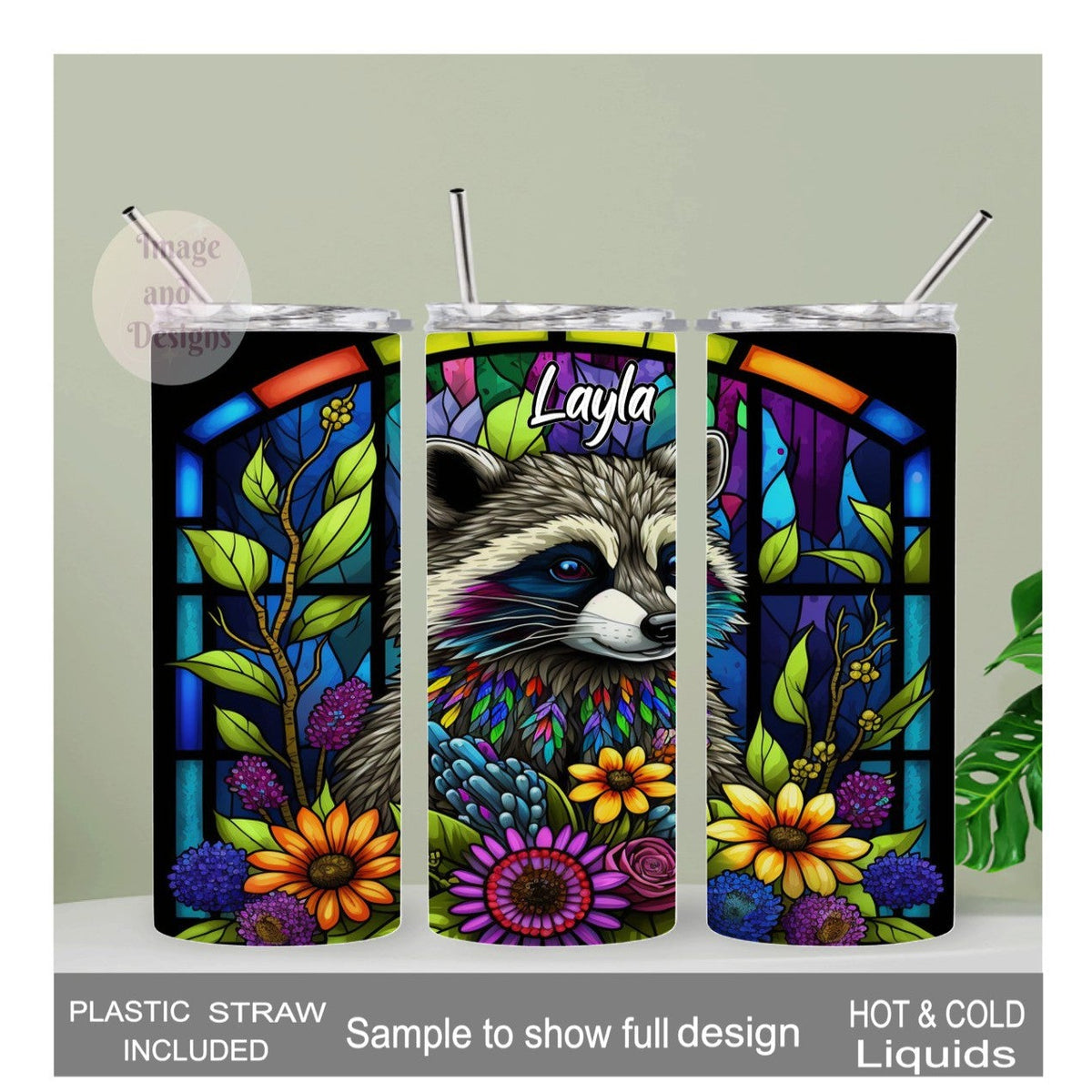 Beautiful Raccoon Tumbler With A Stained Glass Design 20oz With Reusable Straw, Can Be Personalized