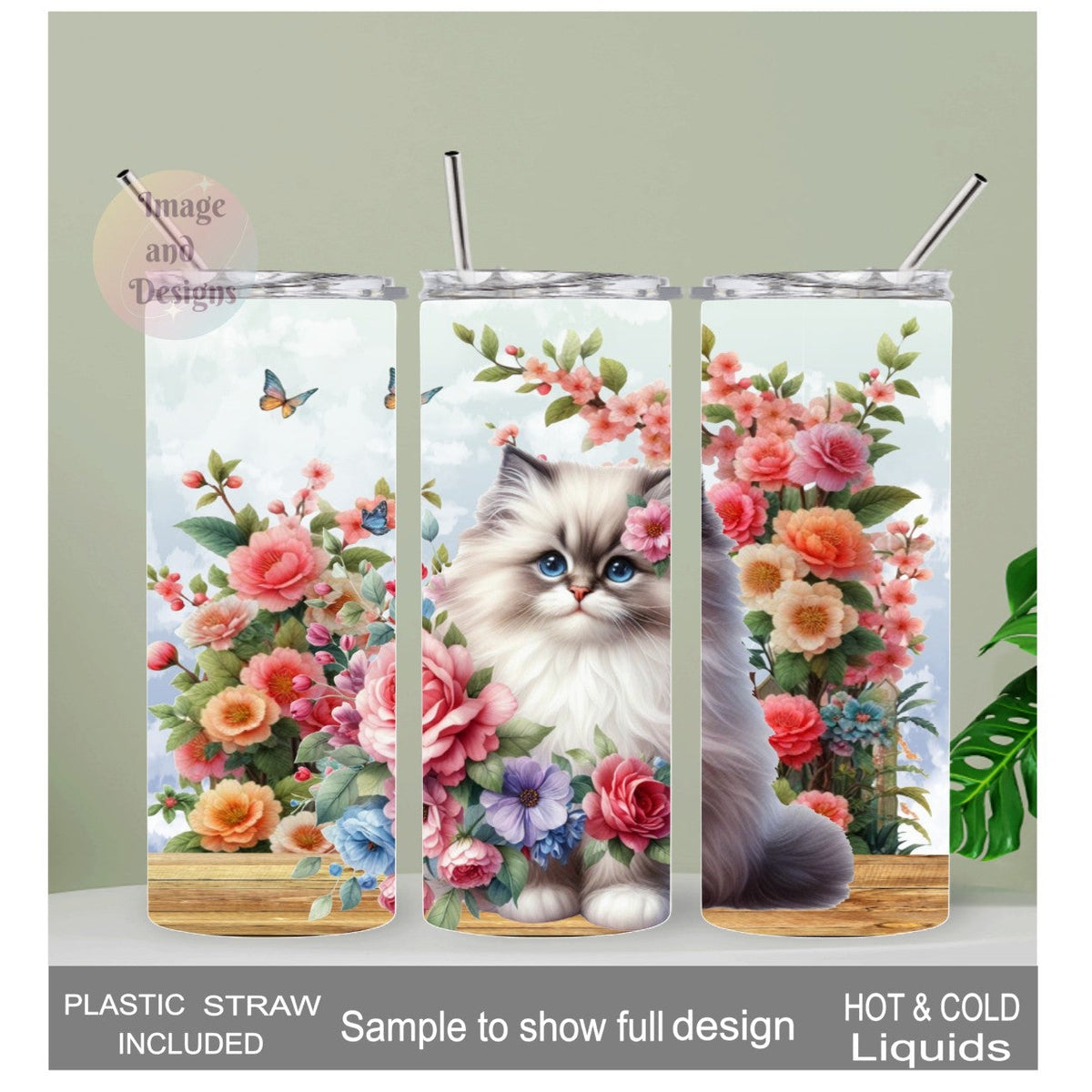 Ragdoll Kitten With Flowers and Butterflies Tumbler 20oz With Reusable Straw, Can Be Personalized