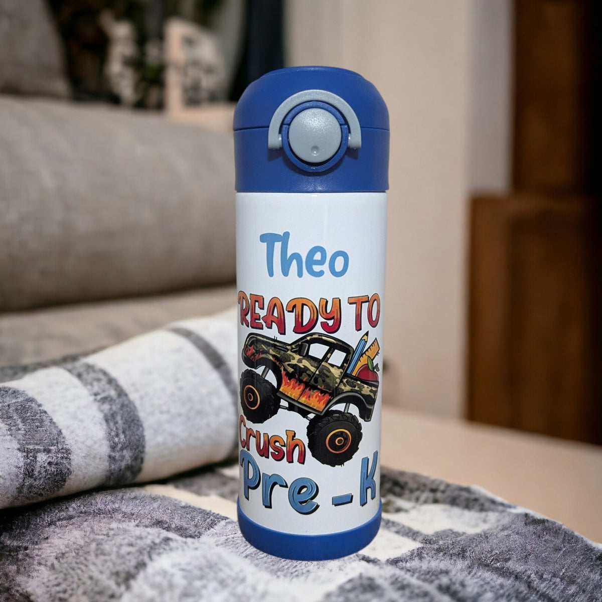 Kids School Water Bottle 12oz With Reusable Straw Can Be Personalized