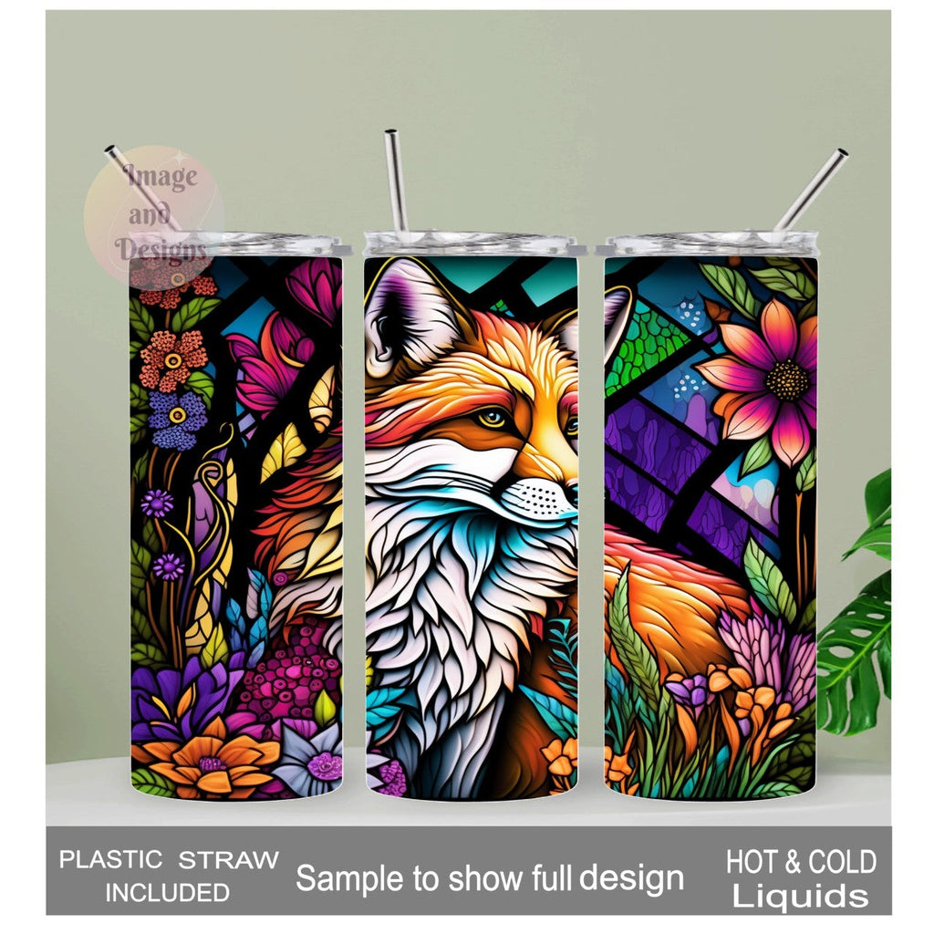 Beautiful Fox Tumbler With A Stained Glass Design 20oz With Reusable Straw, Can Be Personalized