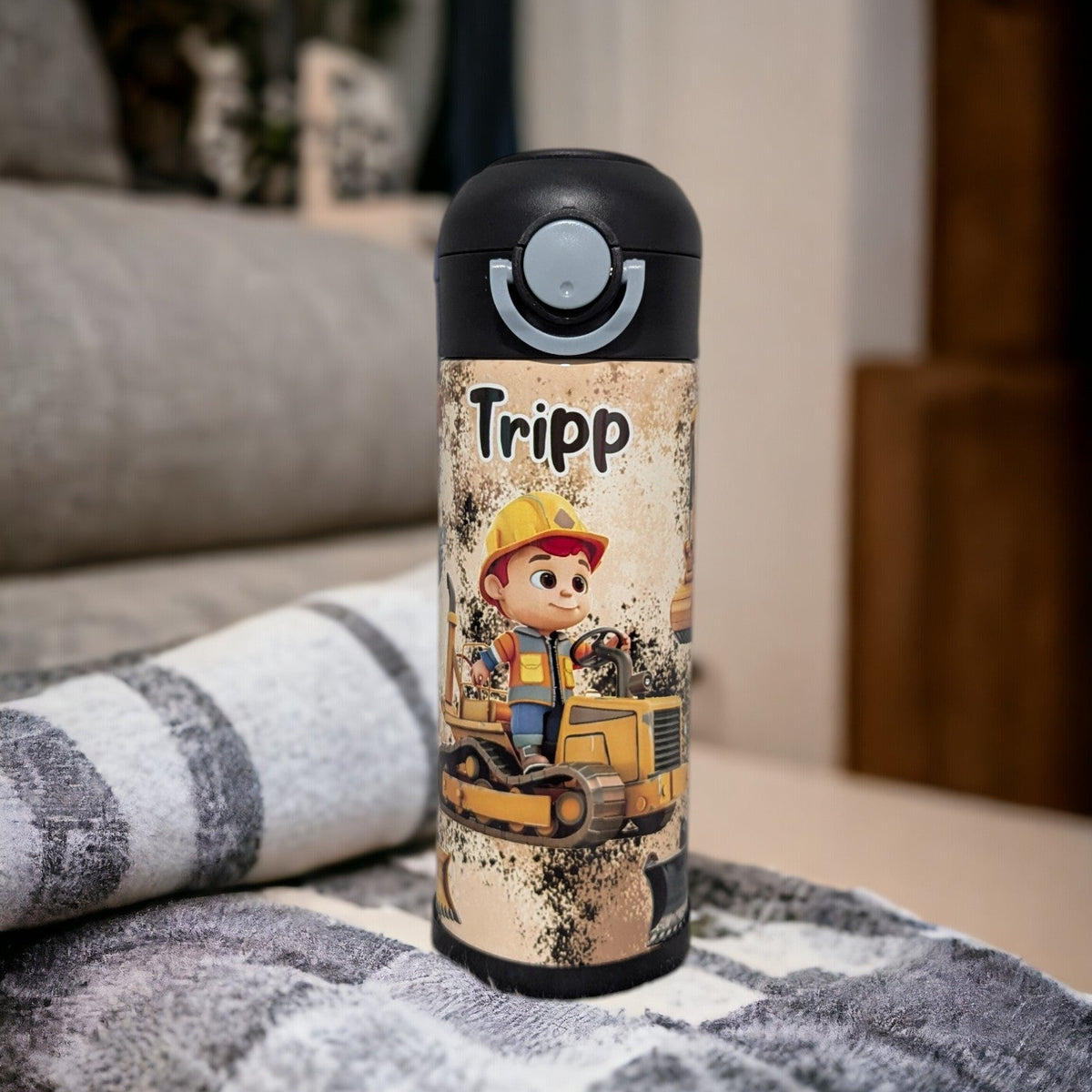 Kids Construction Water 12oz With Reusable Straw Can Be Personalized
