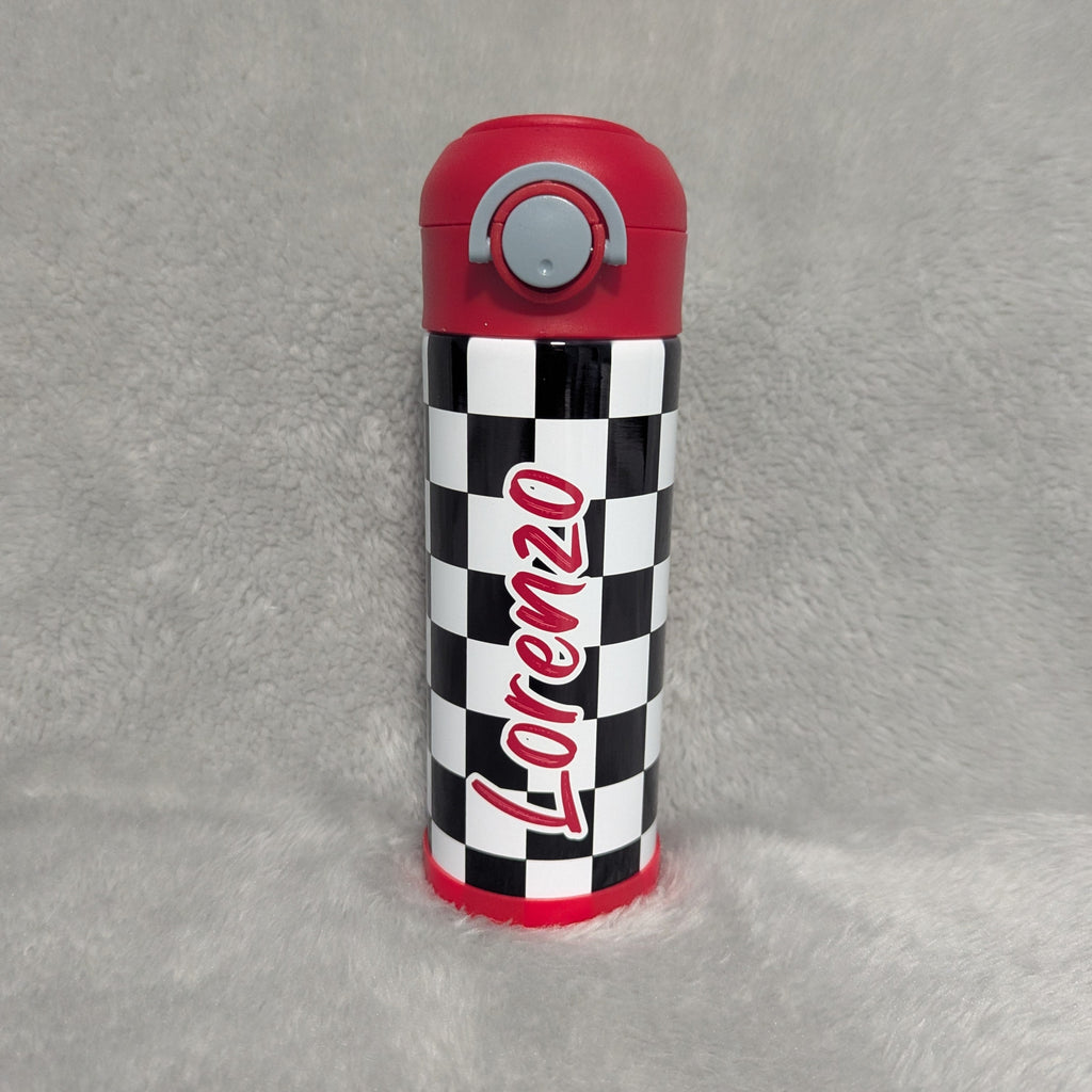 Kids Checkered Lightning Bolt Design Water Bottle 12oz With Reusable Straw, Can Be Personalized
