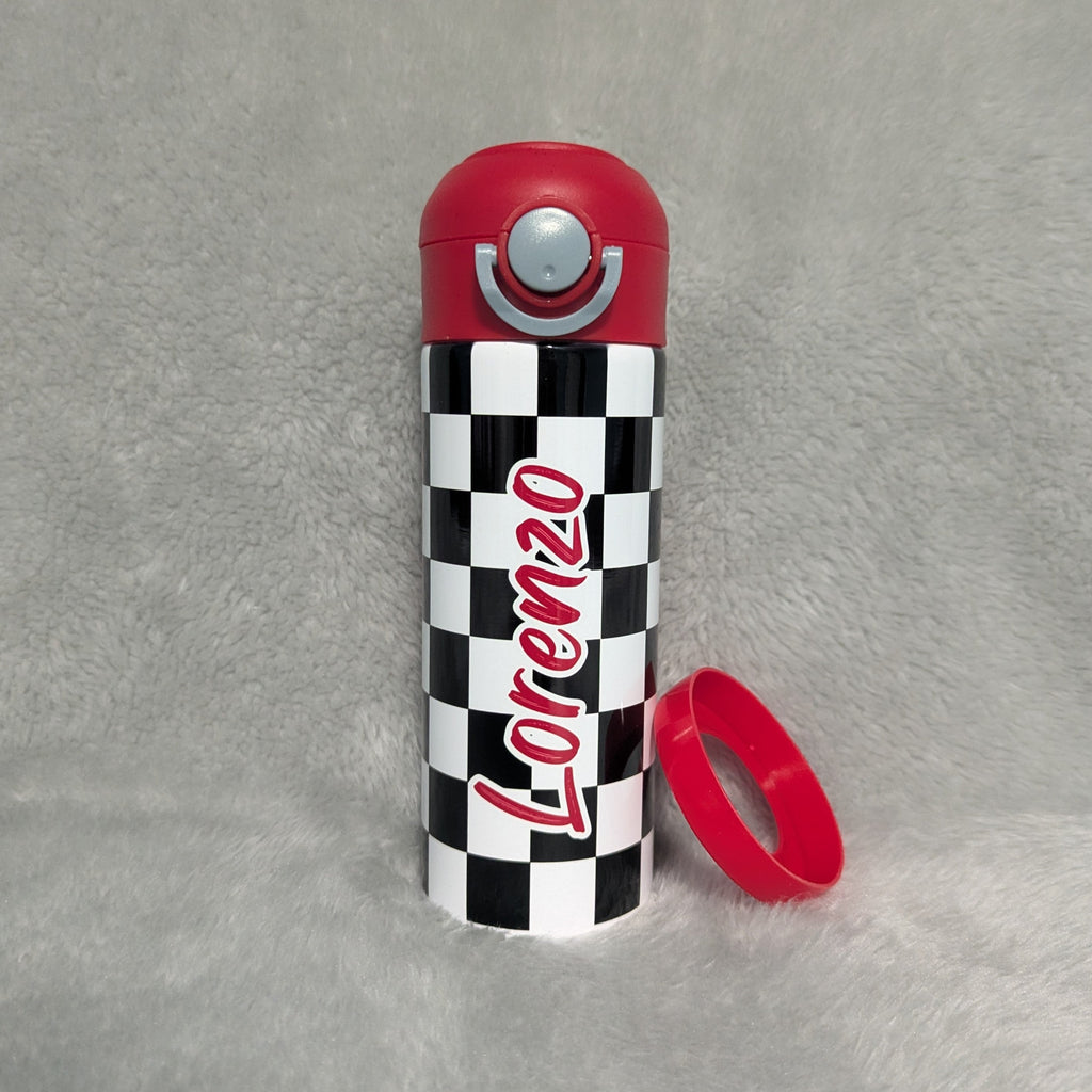 Kids Checkered Lightning Bolt Design Water Bottle 12oz With Reusable Straw, Can Be Personalized