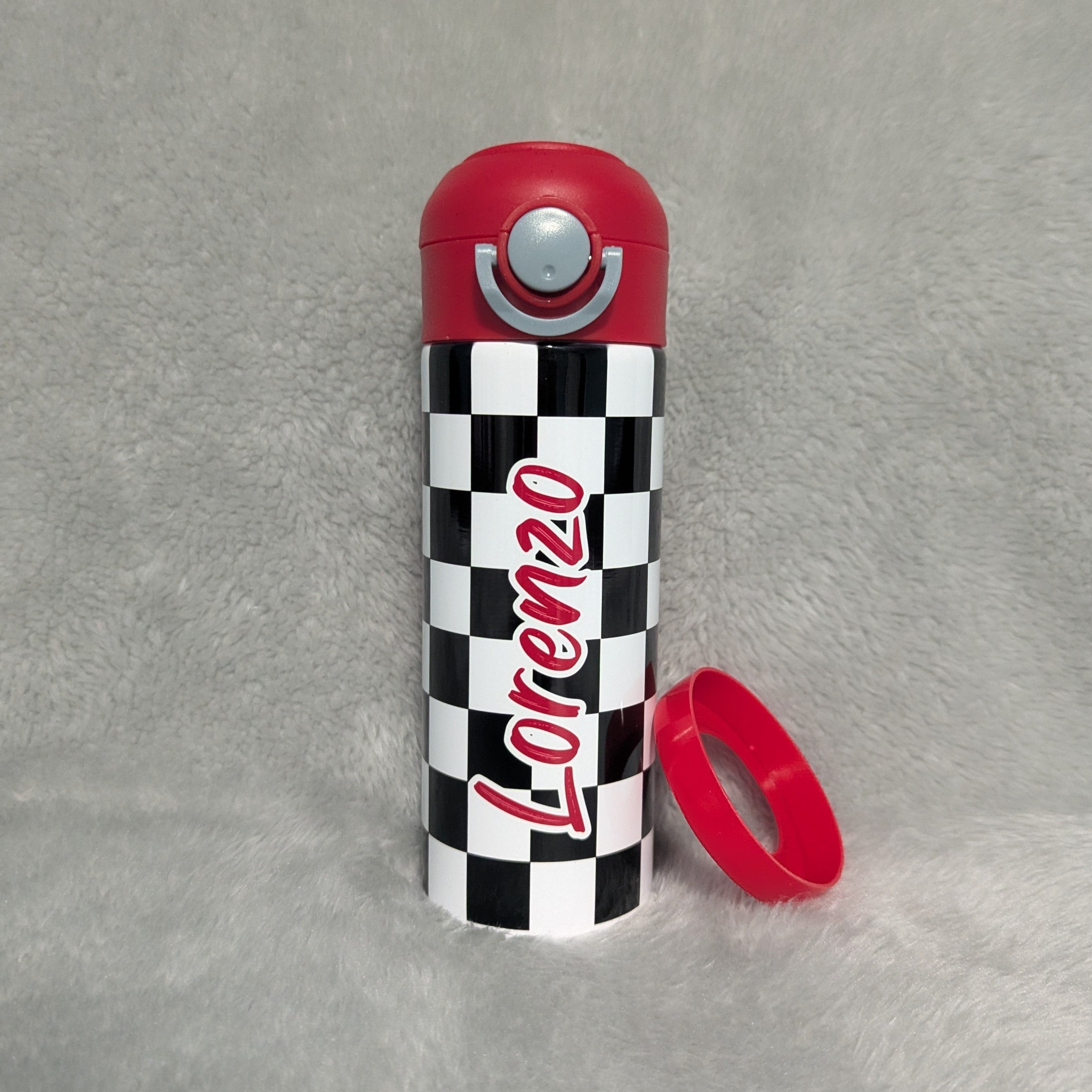 Kids Checkered Lightning Bolt Design Water Bottle 12oz With Reusable Straw, Can Be Personalized