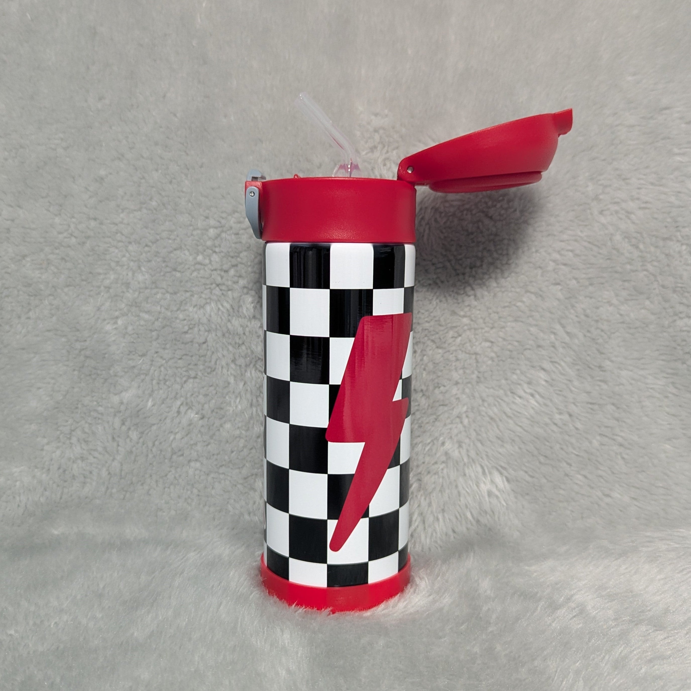 Kids Checkered Lightning Bolt Design Water Bottle 12oz With Reusable Straw, Can Be Personalized