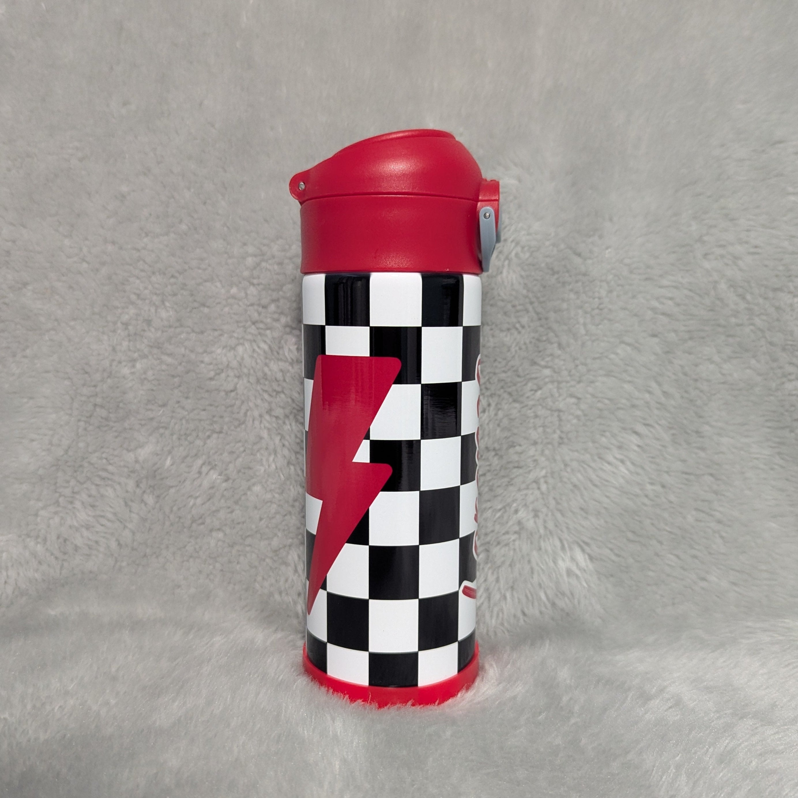 Kids Checkered Lightning Bolt Design Water Bottle 12oz With Reusable Straw, Can Be Personalized