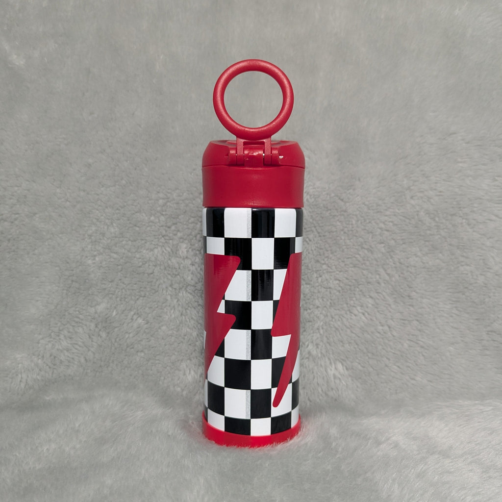 Kids Checkered Lightning Bolt Design Water Bottle 12oz With Reusable Straw, Can Be Personalized