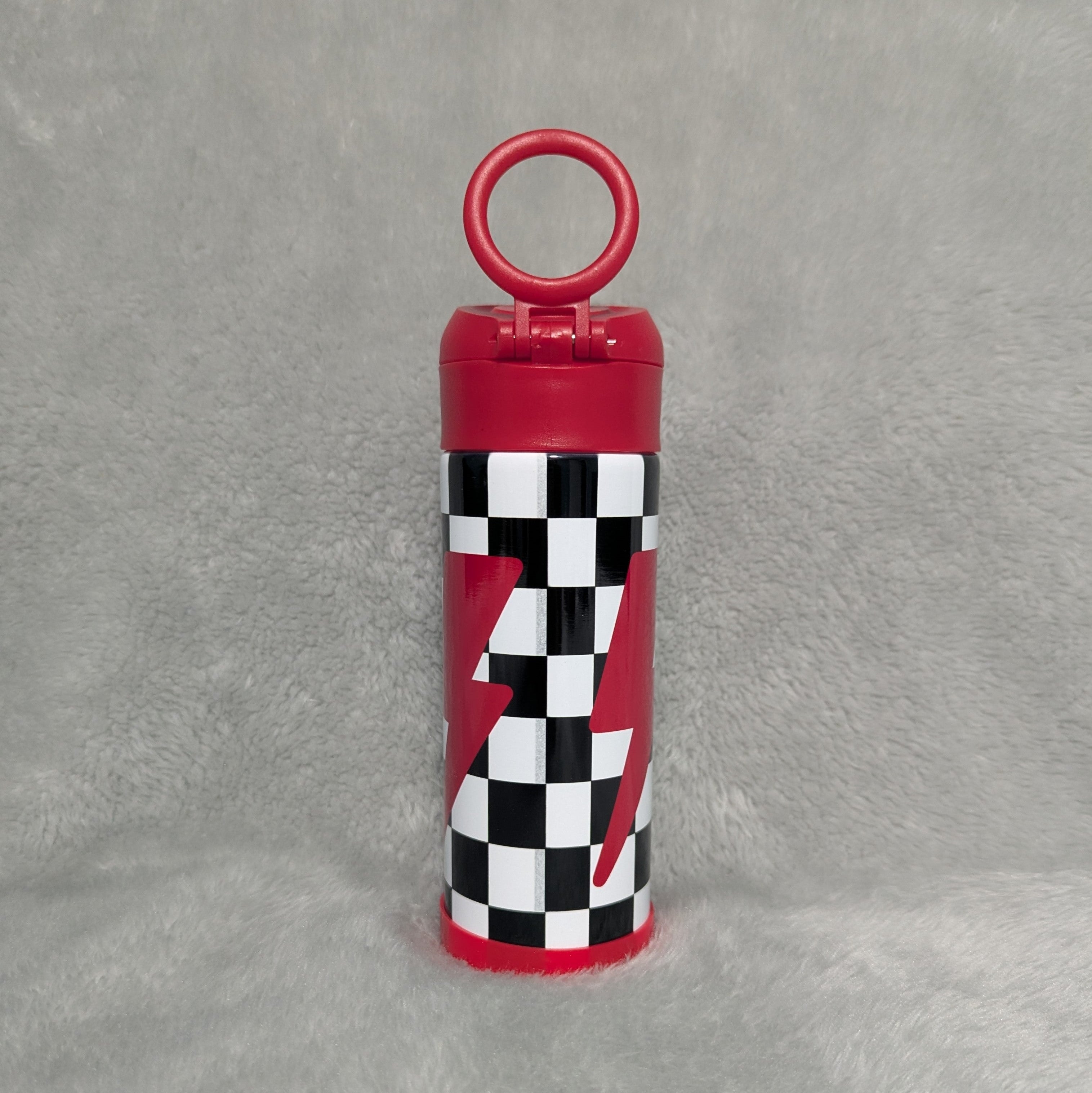 Kids Checkered Lightning Bolt Design Water Bottle 12oz With Reusable Straw, Can Be Personalized