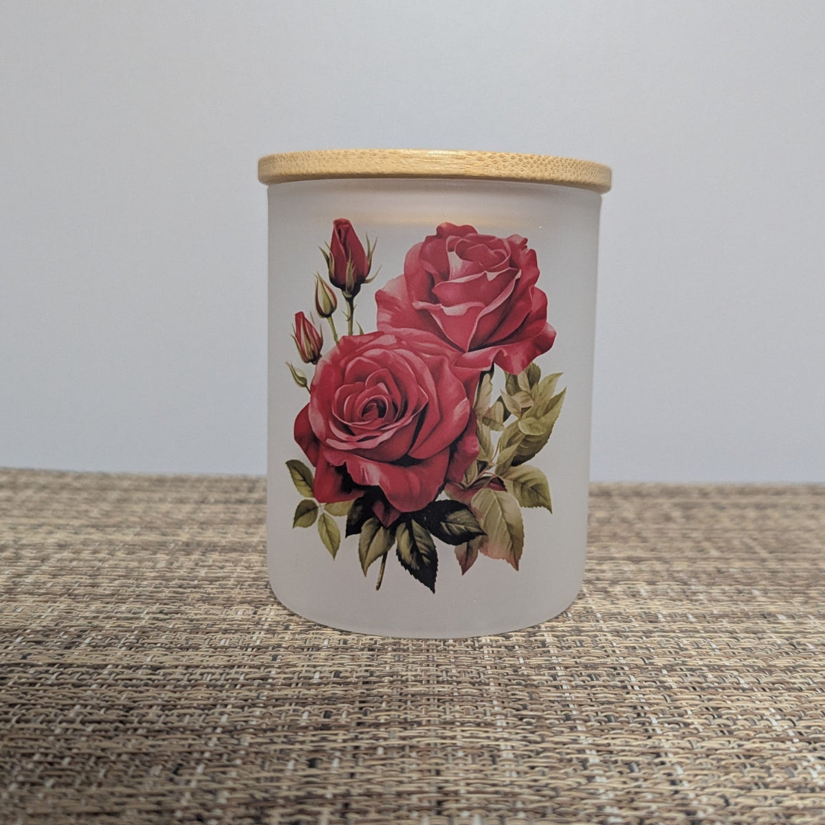 Romantic Red Rose Candle Holder with Bamboo Lid and Flickering Tea Light