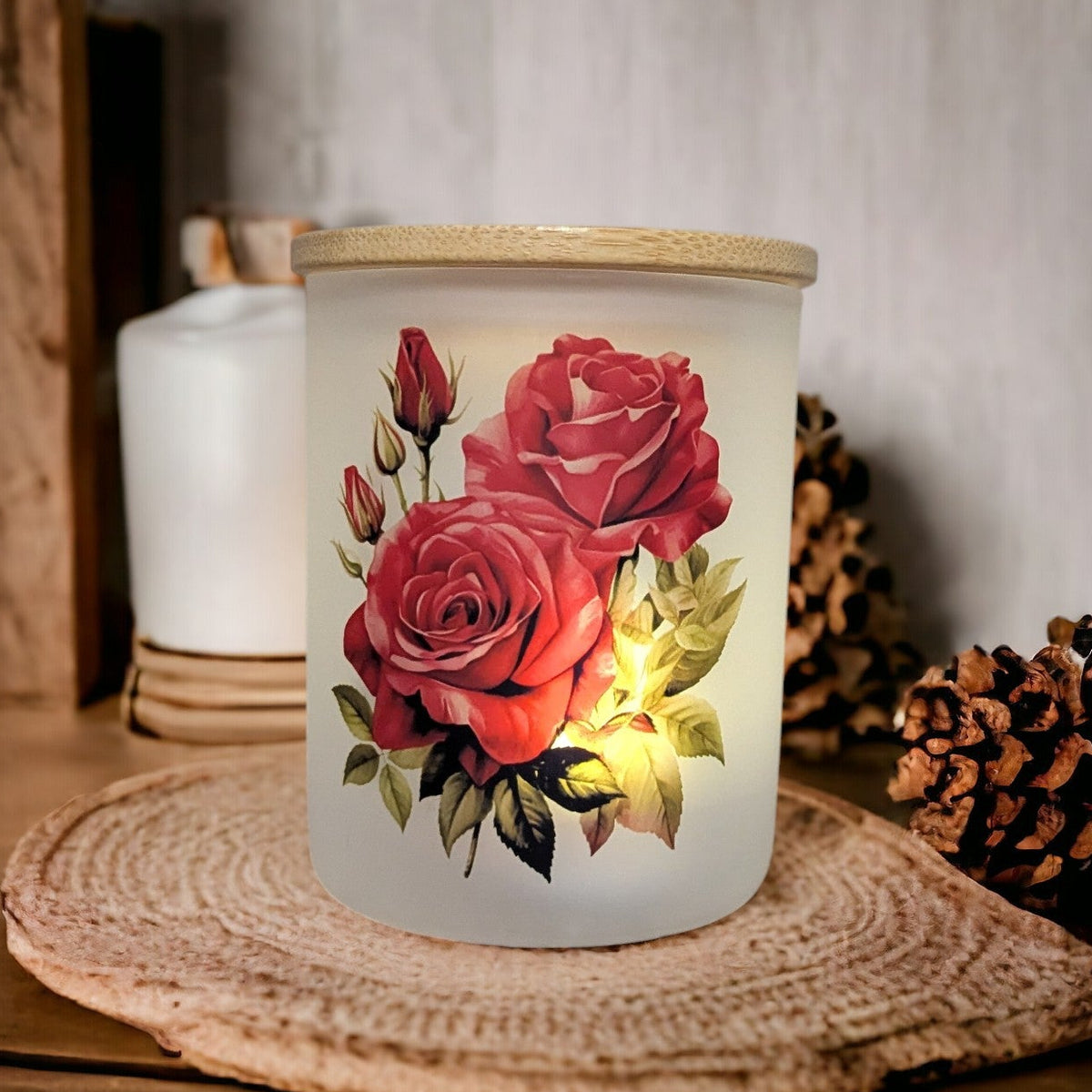 Romantic Red Rose Candle Holder with Bamboo Lid and Flickering Tea Light
