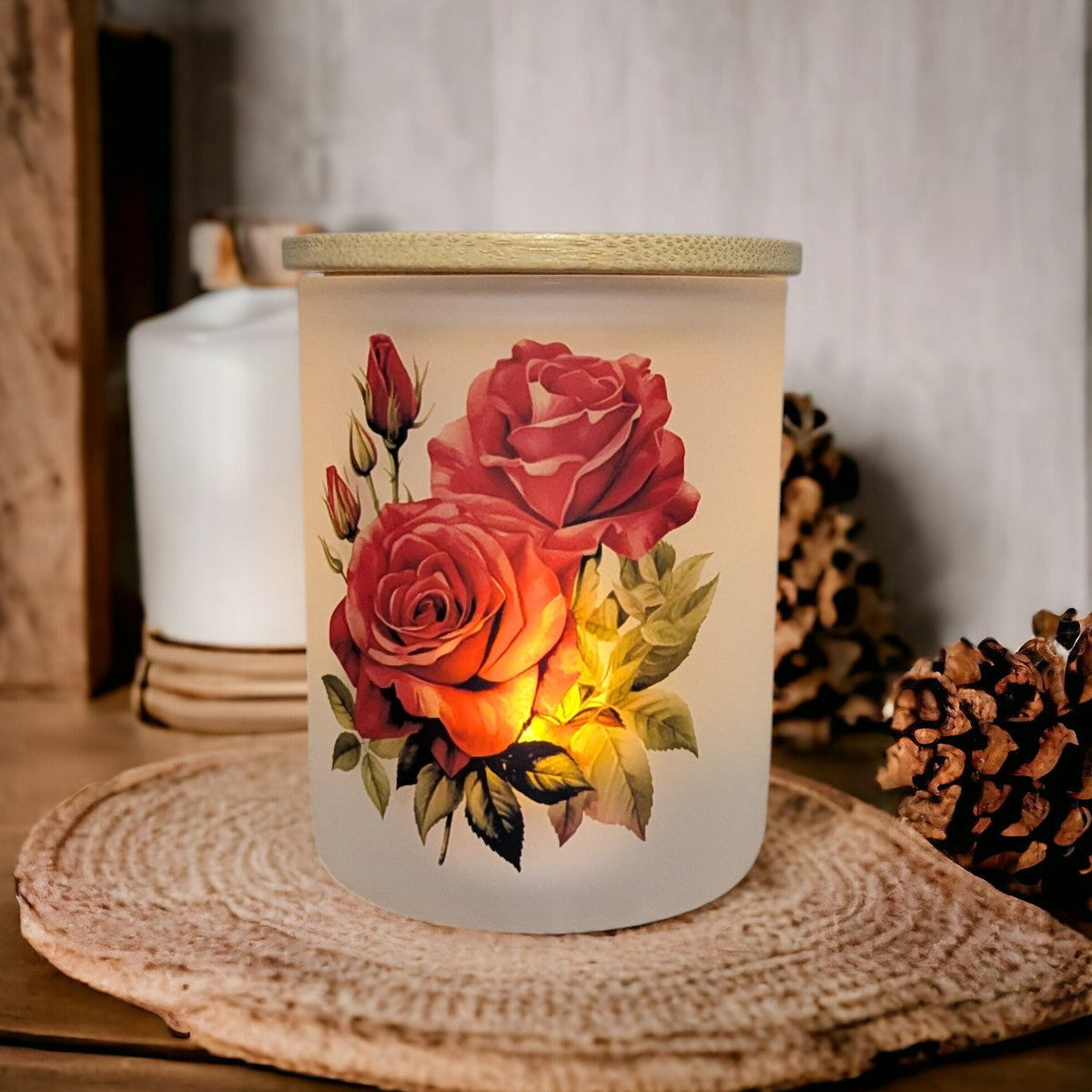 Romantic Red Rose Candle Holder with Bamboo Lid and Flickering Tea Light