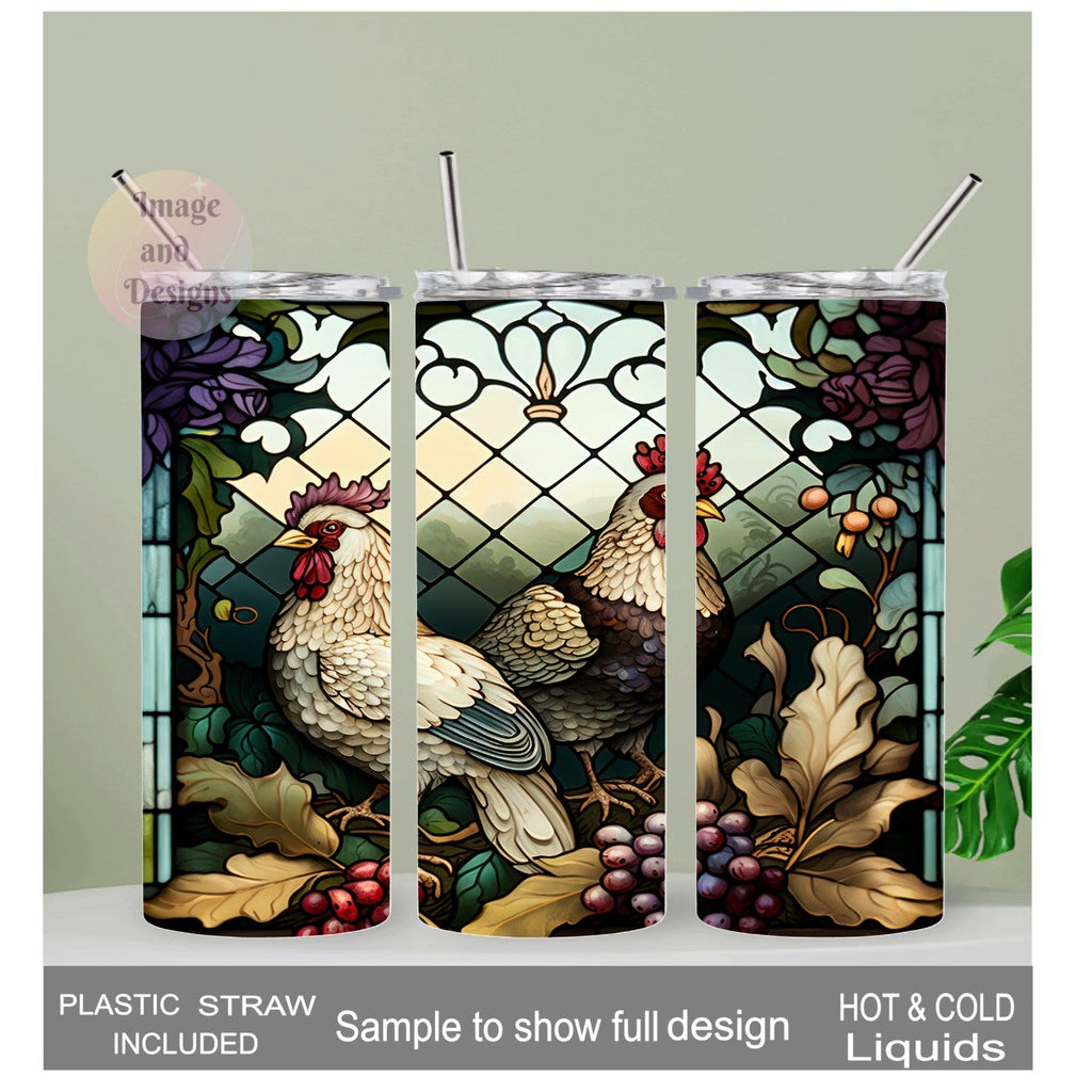 Rooster and Chicken Tumbler With A Stained Glass Design 20oz With Reusable Straw, Can Be Personalized