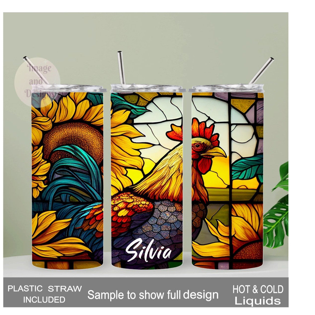 Colorful Rooster Tumbler With A Stained Glass Design 20oz With Reusable Straw, Can Be Personalized