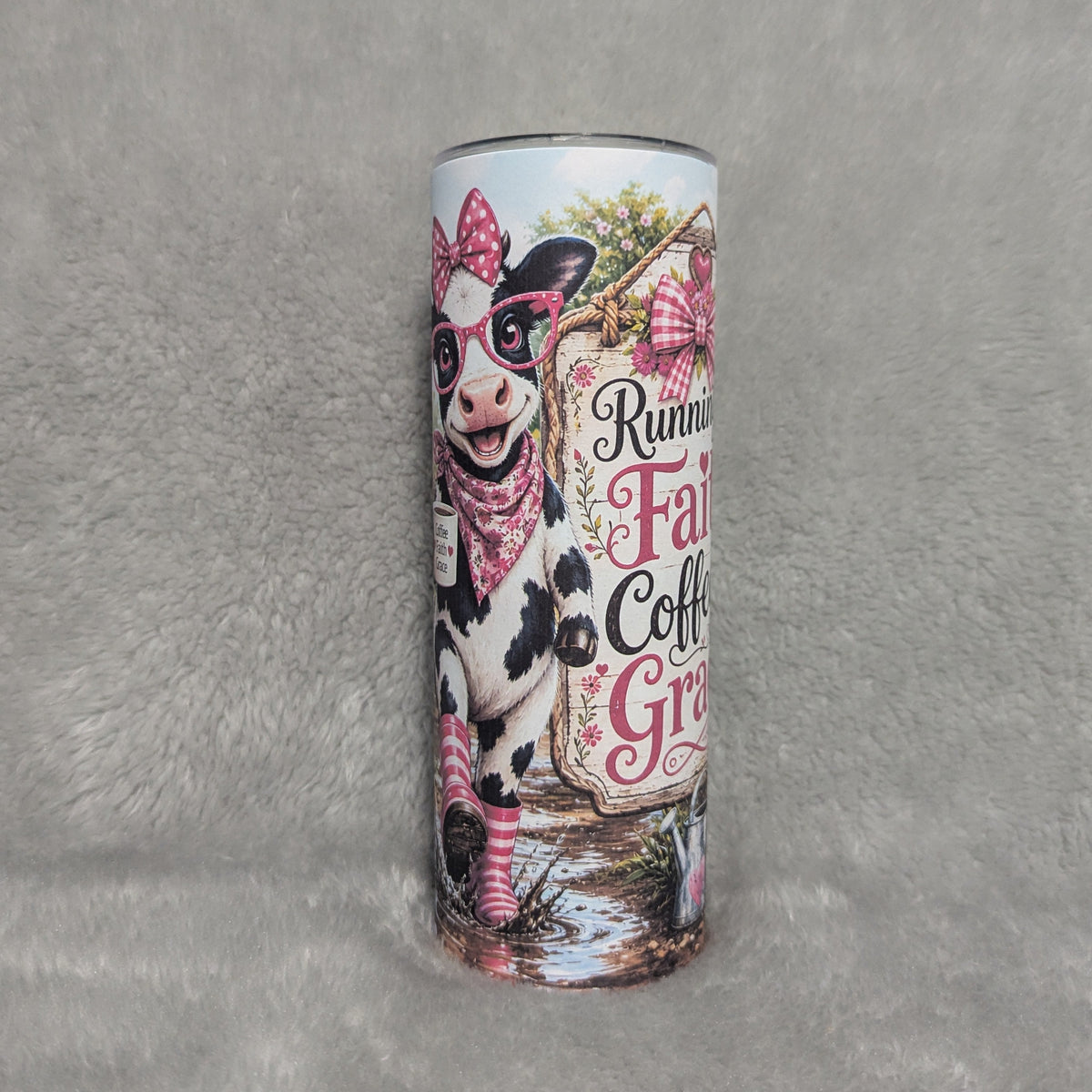 Running On Faith Coffee And Grace Cow Tumbler 20oz with Reusable Straw