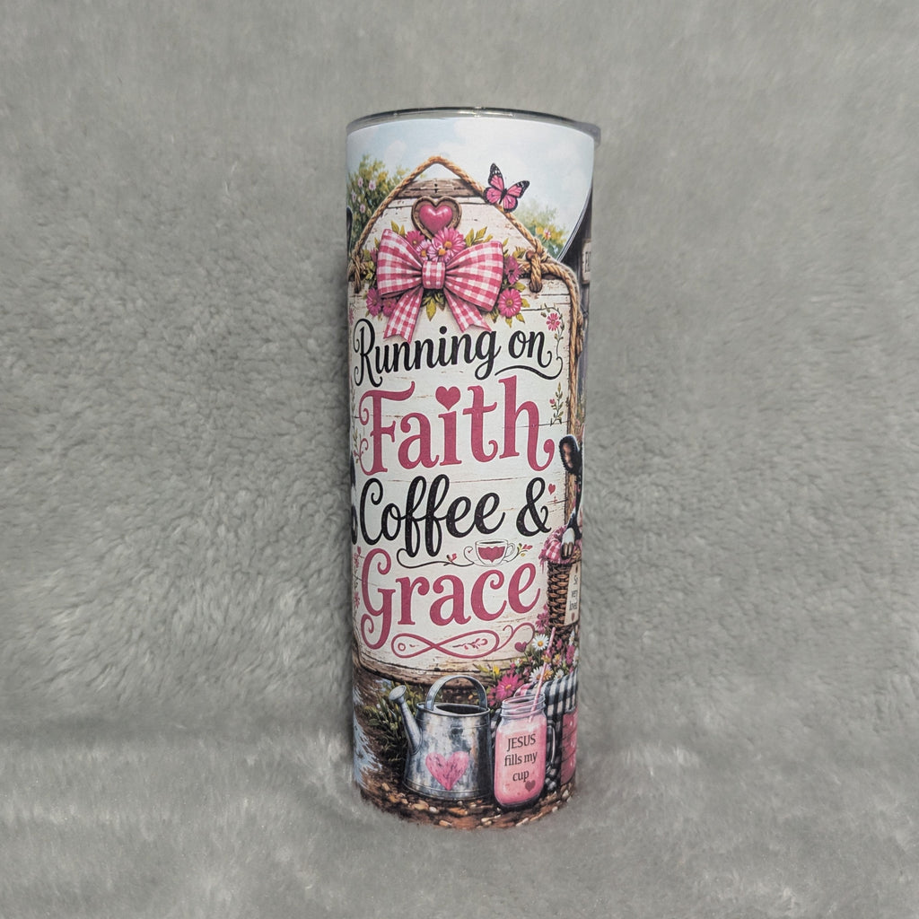 Running On Faith Coffee And Grace Cow Tumbler 20oz with Reusable Straw