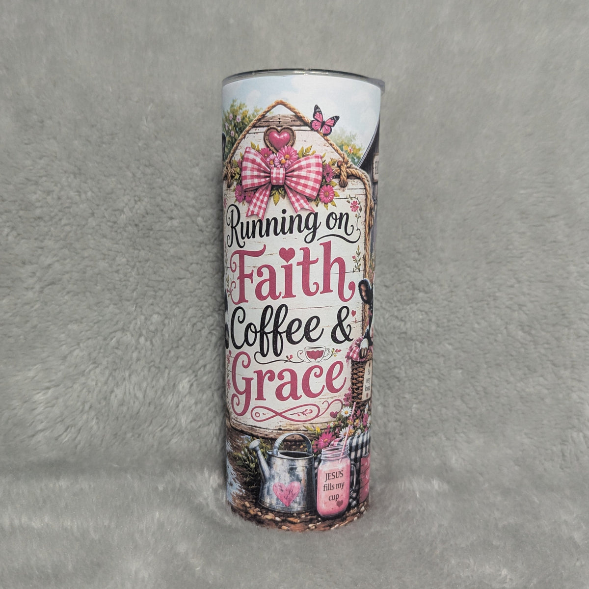 Running On Faith Coffee And Grace Cow Tumbler 20oz with Reusable Straw
