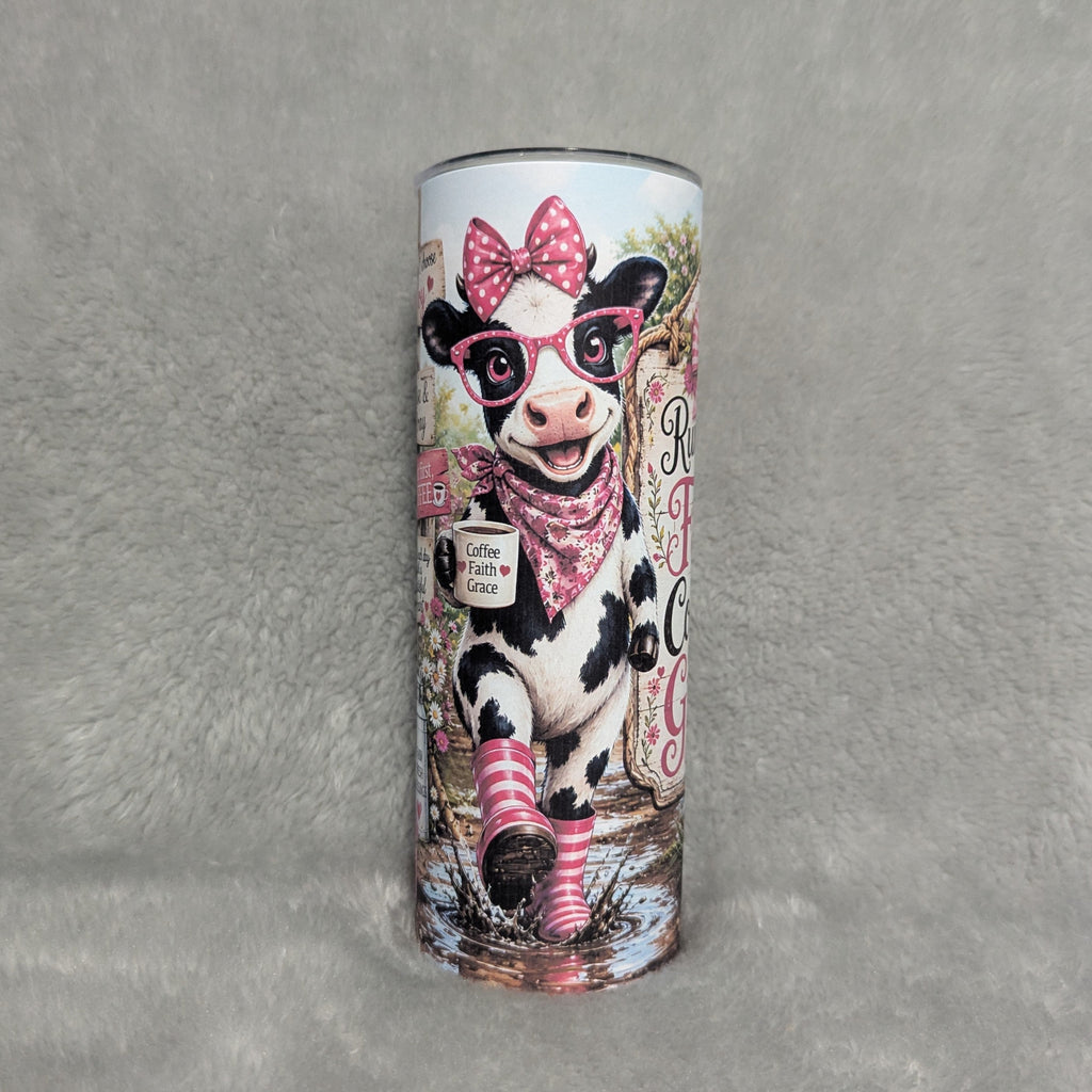 Running On Faith Coffee And Grace Cow Tumbler 20oz with Reusable Straw