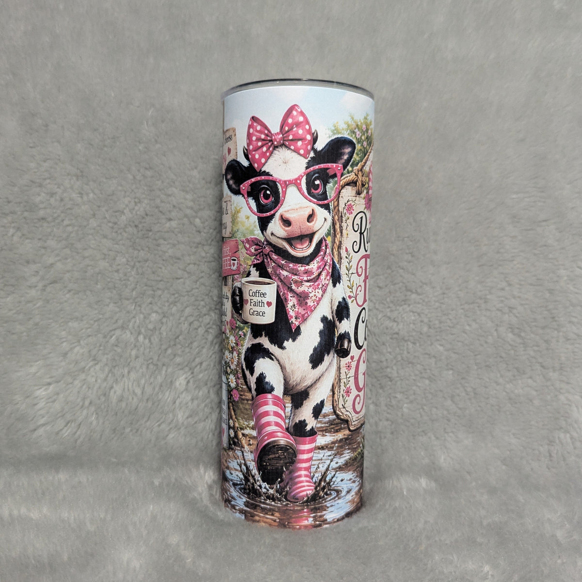 Running On Faith Coffee And Grace Cow Tumbler 20oz with Reusable Straw