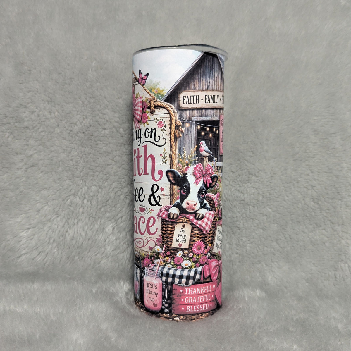 Running On Faith Coffee And Grace Cow Tumbler 20oz with Reusable Straw