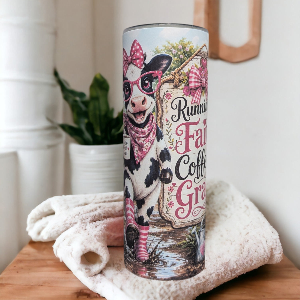 Running On Faith Coffee And Grace Cow Tumbler 20oz with Reusable Straw