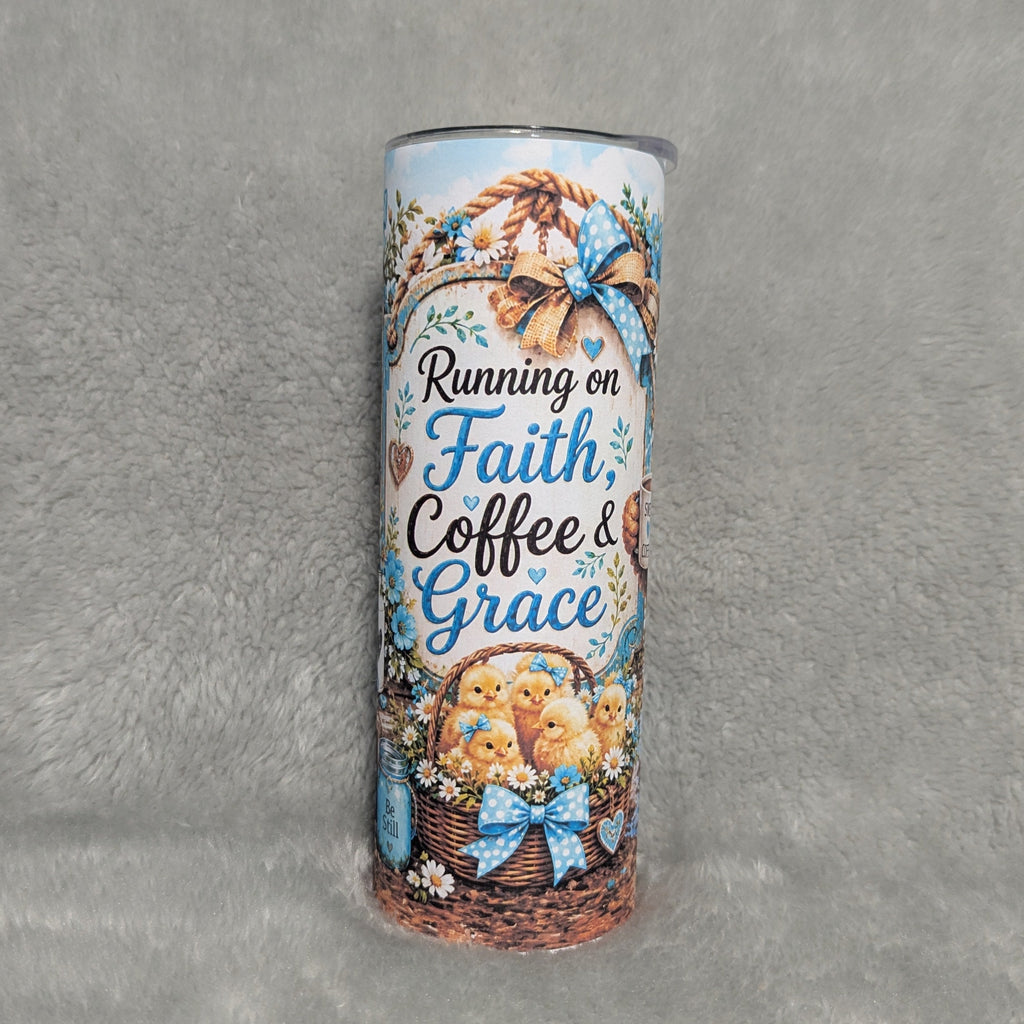 Running On Faith Coffee And Grace Chicken Tumbler 20oz with Reusable Straw