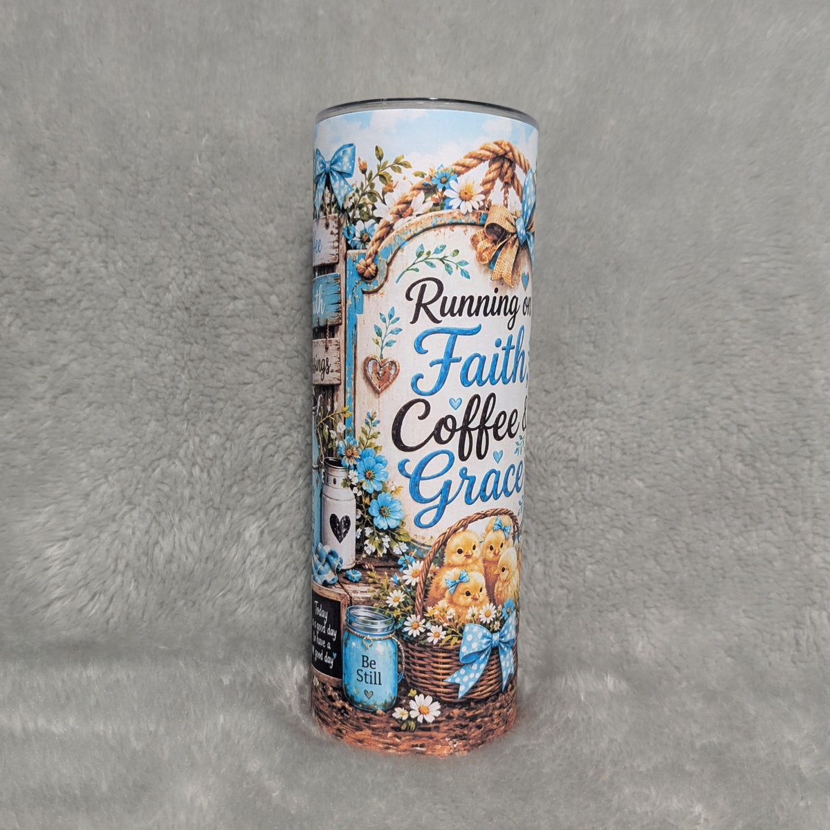 Running On Faith Coffee And Grace Chicken Tumbler 20oz with Reusable Straw